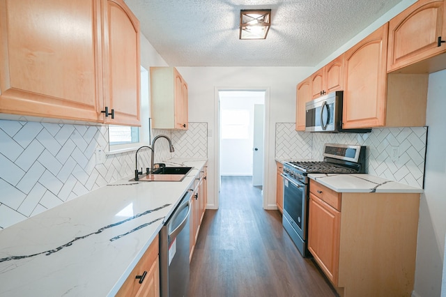 kitchen with decorative backsplash, appliances with stainless steel finishes, light brown cabinetry, dark wood finished floors, and a sink