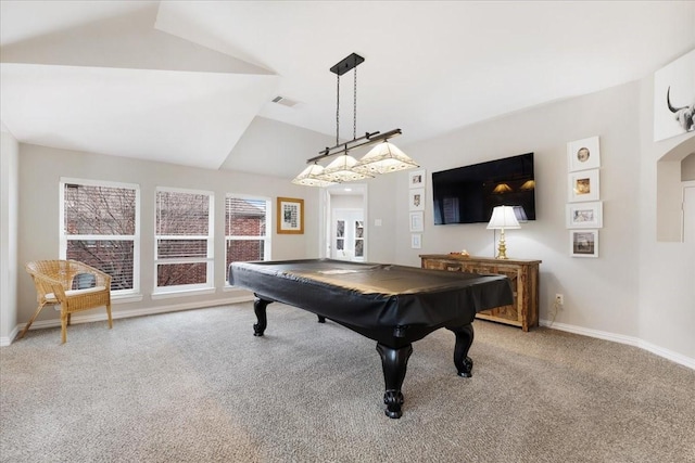 4460 Connemara Dr, Frisco, TX 75034 - game room with visible vents, lofted ceiling, pool table, and light carpet