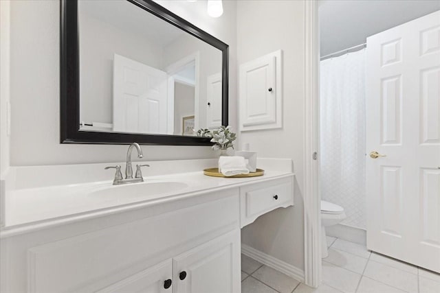 4460 Connemara Dr, Frisco, TX 75034 - full bathroom featuring tile patterned floors, vanity, toilet, and a shower with shower curtain