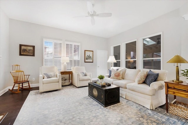 4460 Connemara Dr, Frisco, TX 75034 - living area featuring baseboards, ceiling fan, and wood finished floors