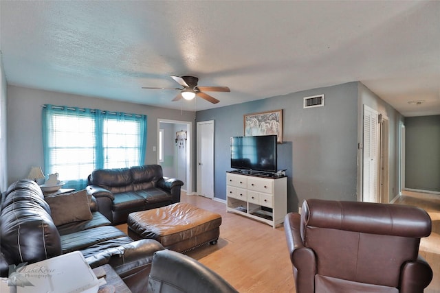 934 Burger St, Abilene, TX 79603 - living room featuring a ceiling fan, a textured ceiling, visible vents, and light wood finished floors