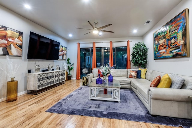 11955 Hoblitzelle Dr, Dallas, TX 75243 - living room featuring ceiling fan, wood finished floors, recessed lighting, and baseboards