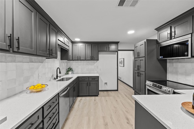 kitchen with backsplash, appliances with stainless steel finishes, a sink, and visible vents