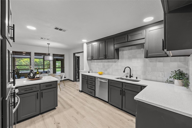 kitchen with a sink, light wood finished floors, dishwasher, backsplash, and visible vents