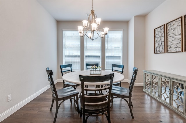 dining space with an inviting chandelier, dark wood-style flooring, and a wealth of natural light