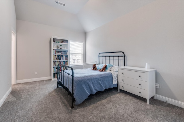 bedroom with visible vents, carpet flooring, baseboards, and lofted ceiling