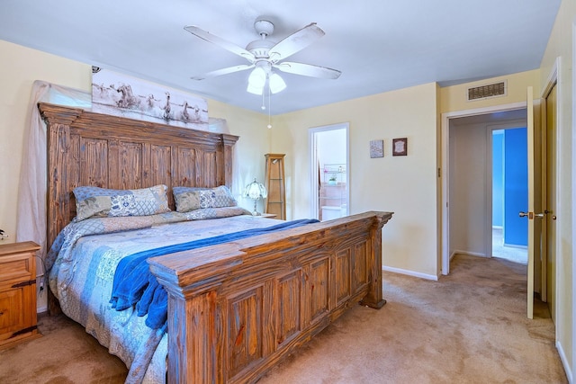 1730 W Hull St, Denison, TX 75020 - bedroom featuring light colored carpet, baseboards, visible vents, and a ceiling fan