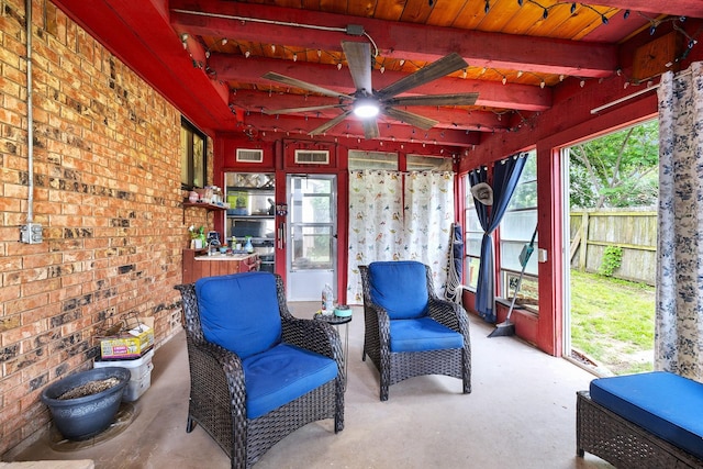 1730 W Hull St, Denison, TX 75020 - sunroom / solarium with visible vents, a ceiling fan, and beam ceiling