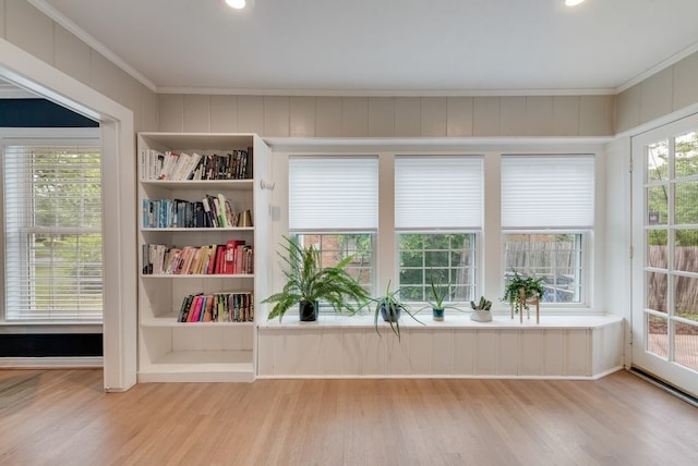 unfurnished room with crown molding, recessed lighting, and wood finished floors