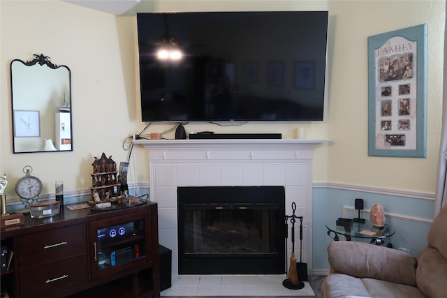 room details with a tiled fireplace