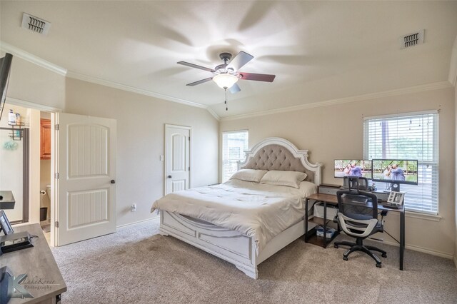 carpeted bedroom with ornamental molding, baseboards, visible vents, and multiple windows