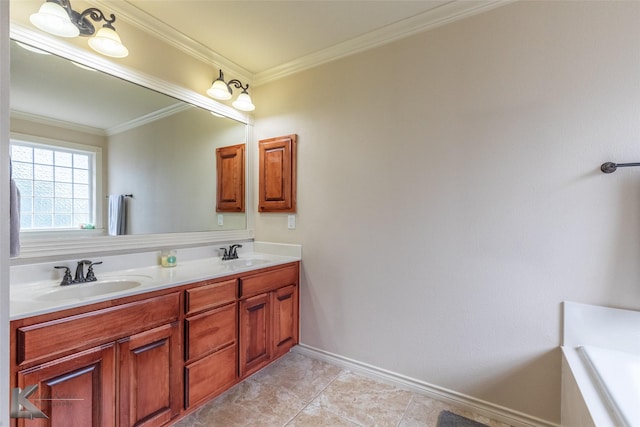 full bath with ornamental molding, double vanity, and a sink