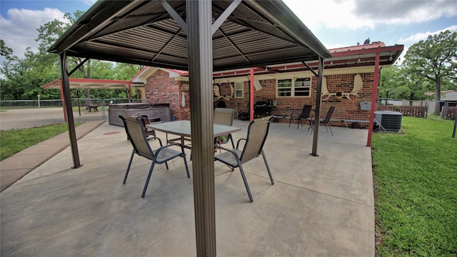 view of patio / terrace featuring a gazebo, fence, central air condition unit, and outdoor dining space
