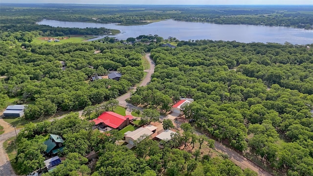 drone / aerial view featuring a water view and a wooded view