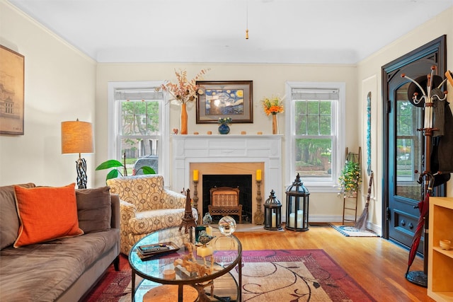 4204 Prescott Ave, Dallas, TX 75219 - living area featuring ornamental molding, plenty of natural light, wood finished floors, and a fireplace