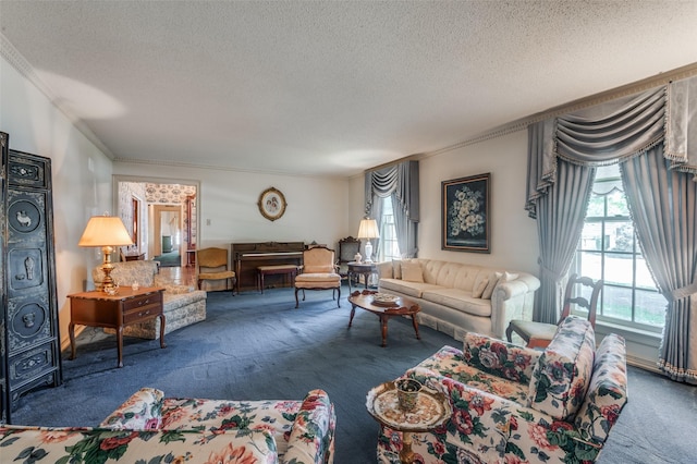 6555 Dartbrook Dr, Dallas, TX 75254 - carpeted living area featuring ornamental molding and a textured ceiling