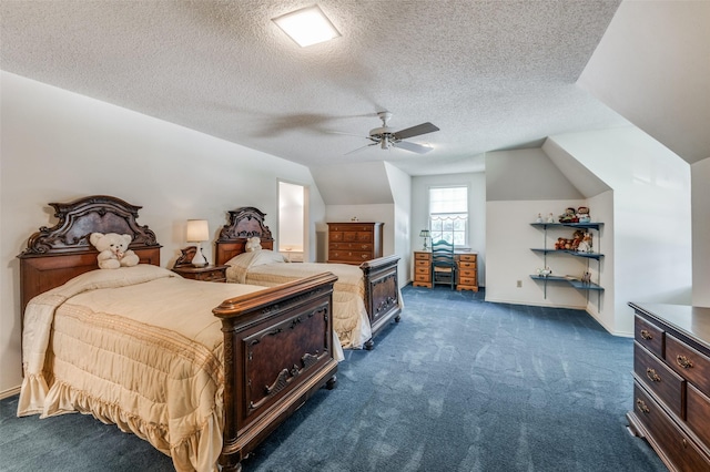 6555 Dartbrook Dr, Dallas, TX 75254 - bedroom with dark carpet, lofted ceiling, a textured ceiling, baseboards, and a ceiling fan