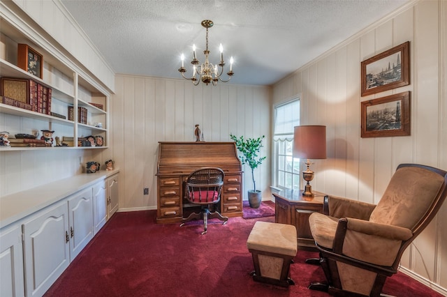 6555 Dartbrook Dr, Dallas, TX 75254 - office space with a textured ceiling, a chandelier, dark colored carpet, and crown molding