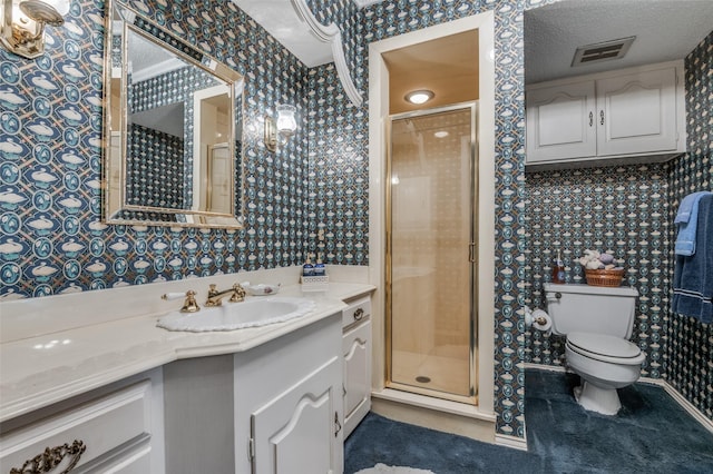 6555 Dartbrook Dr, Dallas, TX 75254 - full bath with wallpapered walls, a shower stall, toilet, and vanity