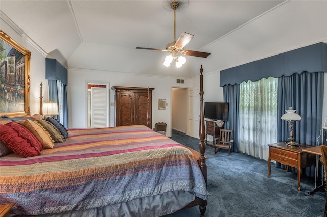 6555 Dartbrook Dr, Dallas, TX 75254 - bedroom with carpet flooring, lofted ceiling, and ceiling fan