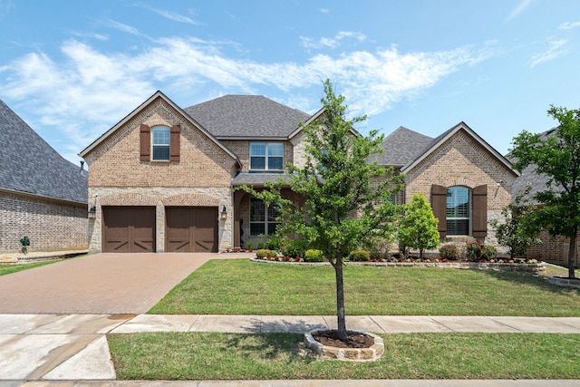 view of front of property with brick siding, decorative driveway, and a front lawn