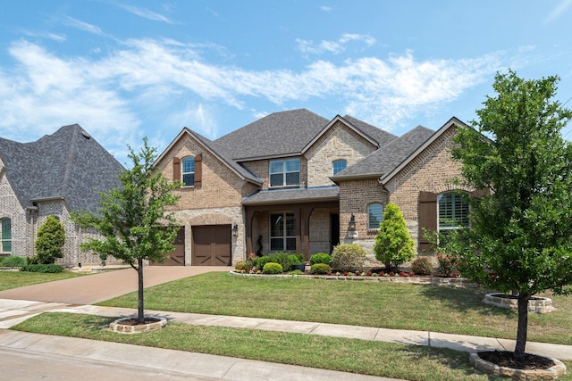 view of front of property with brick siding, an attached garage, driveway, and a front lawn