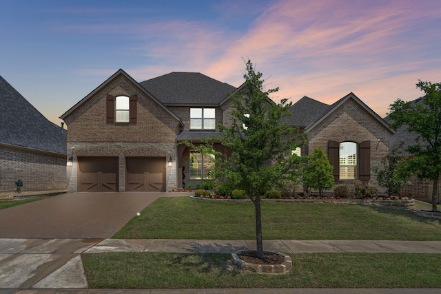 view of front of house with brick siding, a front lawn, and driveway