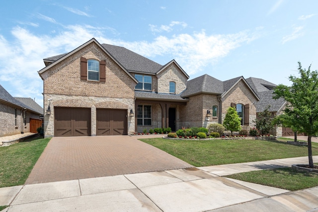 view of front of property with a garage, a front lawn, stone siding, decorative driveway, and brick siding