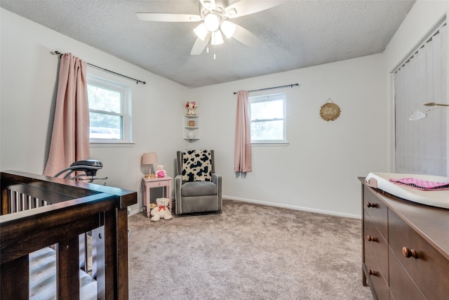 bedroom featuring carpet flooring, a textured ceiling, and multiple windows