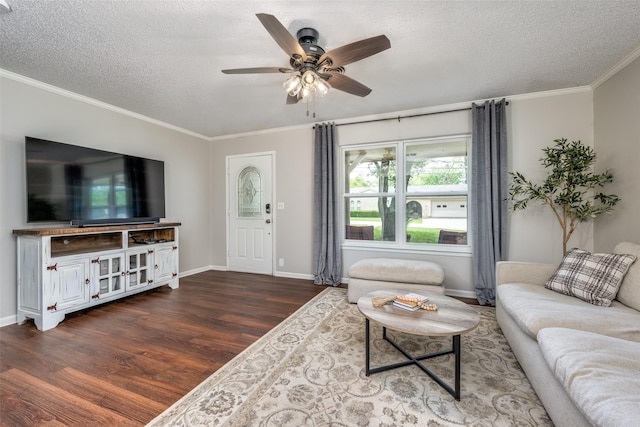 living area featuring baseboards, ornamental molding, a textured ceiling, and wood finished floors