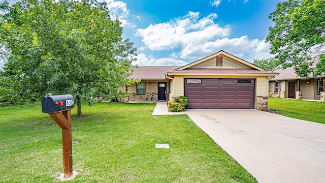 630 N Park St, Dublin, TX 76446 - ranch-style home featuring driveway, a front yard, an attached garage, and stone siding