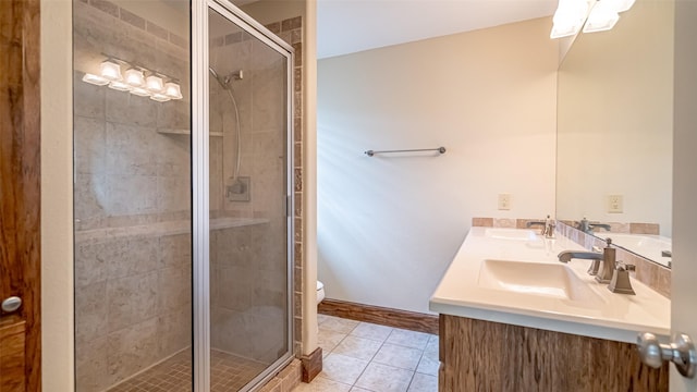 630 N Park St, Dublin, TX 76446 - full bathroom with double vanity, toilet, a stall shower, and tile patterned floors