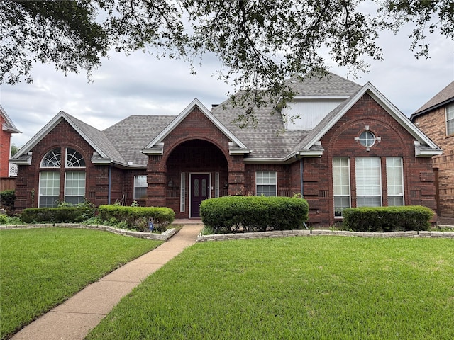 view of front of house with brick siding, a shingled roof, and a front lawn