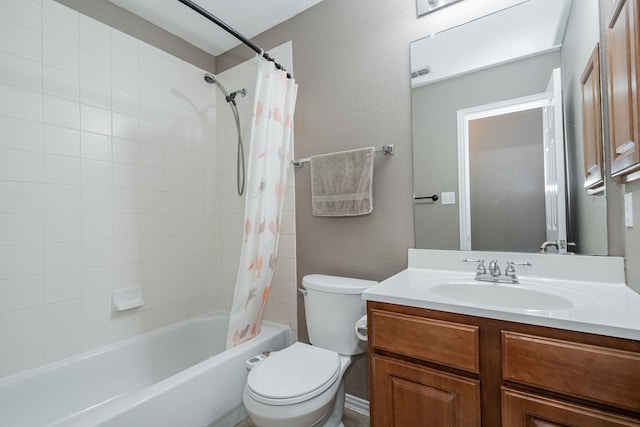 full bath with vanity, visible vents, toilet, and shower / tub combo with curtain