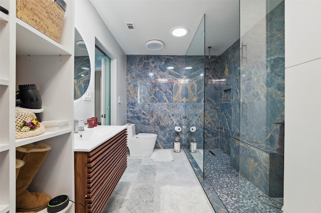 5243 Welden Ct, Fort Worth, TX 76132 - full bath featuring visible vents, vanity, marble finish floor, toilet, and walk in shower