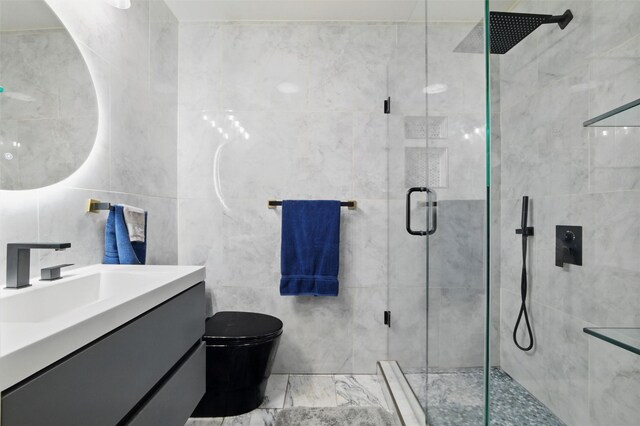 5243 Welden Ct, Fort Worth, TX 76132 - full bathroom featuring vanity, tile walls, toilet, and a shower stall