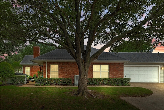 5243 Welden Ct, Fort Worth, TX 76132 - ranch-style home with a chimney, a garage, brick siding, cooling unit, and concrete driveway