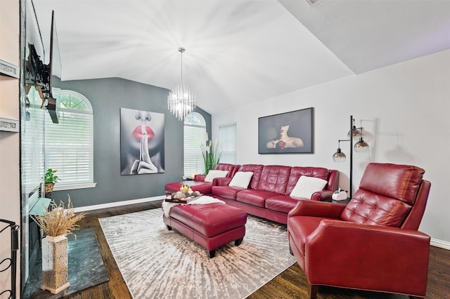 5243 Welden Ct, Fort Worth, TX 76132 - living room with an inviting chandelier, baseboards, vaulted ceiling, and dark wood-style floors