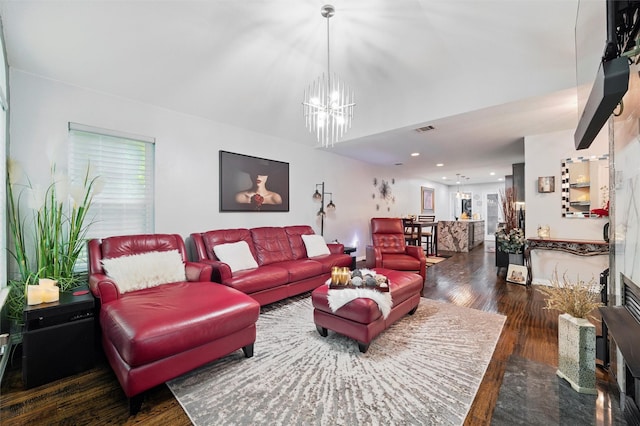 5243 Welden Ct, Fort Worth, TX 76132 - living room with visible vents, recessed lighting, wood finished floors, and a chandelier
