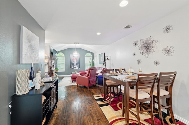 5243 Welden Ct, Fort Worth, TX 76132 - dining space with visible vents, vaulted ceiling, baseboards, recessed lighting, and dark wood-type flooring