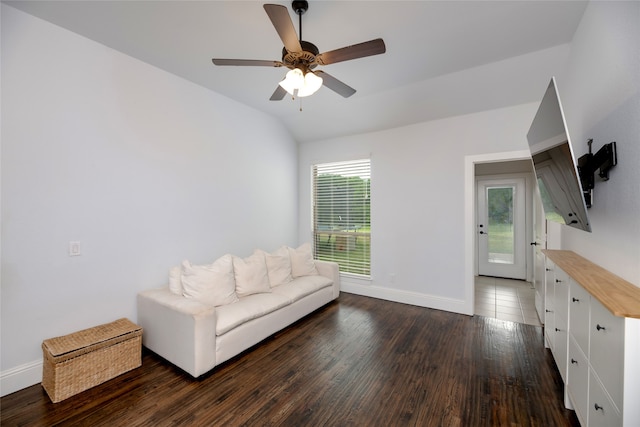 235 Winchester St, Van Alstyne, TX 75495 - living area with a ceiling fan, baseboards, wood finished floors, and lofted ceiling