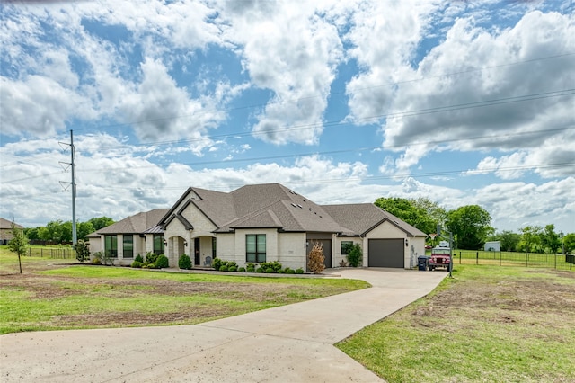 235 Winchester St, Van Alstyne, TX 75495 - french country style house featuring a garage, a front lawn, fence, roof with shingles, and driveway