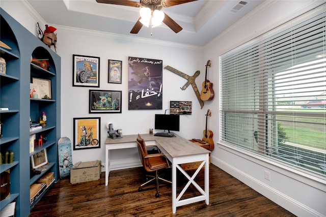 235 Winchester St, Van Alstyne, TX 75495 - office area featuring visible vents, ceiling fan, wood finished floors, and a healthy amount of sunlight