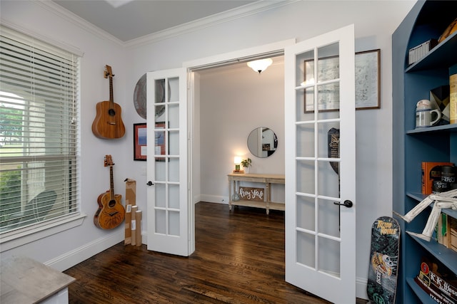 235 Winchester St, Van Alstyne, TX 75495 - living area with crown molding, baseboards, french doors, and dark wood-type flooring