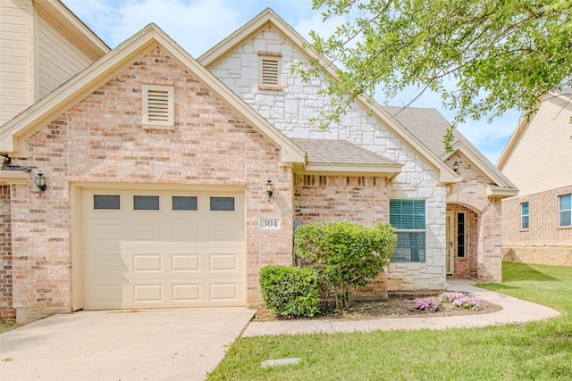 view of front of house featuring driveway, a front yard, brick siding, an attached garage, and a shingled roof