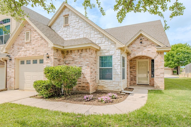 view of front of property featuring an attached garage, brick siding, roof with shingles, and a front yard