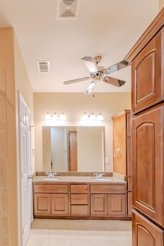full bath with visible vents, a sink, ceiling fan, and double vanity