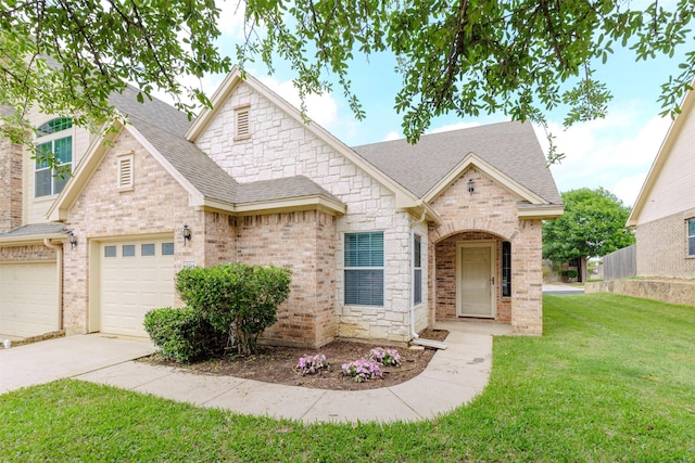 view of front facade featuring brick siding, driveway, a shingled roof, and a front yard