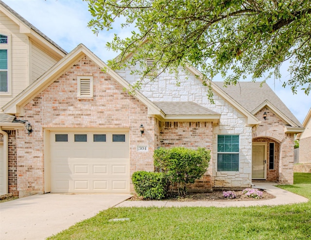 view of front of home with a garage, a front yard, roof with shingles, brick siding, and driveway