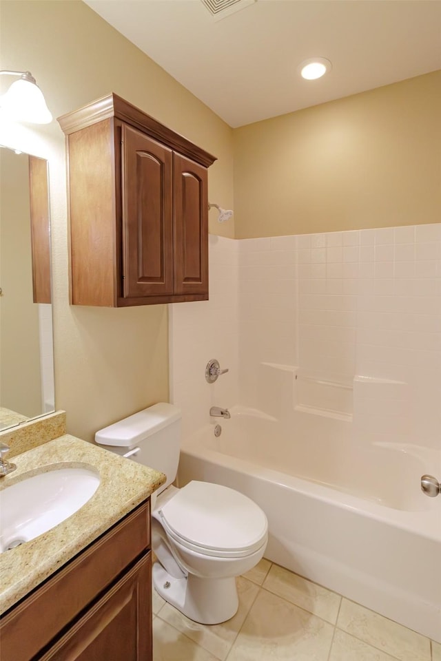 full bathroom with visible vents, tile patterned flooring, vanity, toilet, and shower / bathtub combination